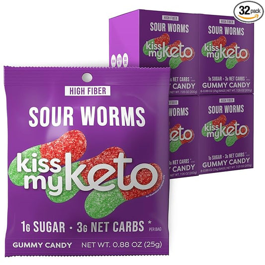 Kiss My Keto Sour Gummy Worms – 1g Sugar, Low Carb, High Fiber, non-GMO Sour Gummies Candy – Healthy Sour Worms Candy, Delicious Sour Gummy Candy Gummy Worm – Gummy Worms Individual Packets (32-pack)