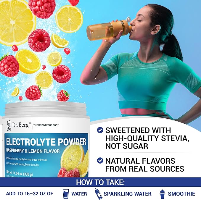 Dr. Berg Zero Sugar Hydration Keto Electrolyte Powder - Enhanced w/ 1000 mg of Potassium & Real Pink Himalayan Salt (NOT Table Salt) - Raspberry & Lemon Flavor Hydration Drink Supplement - 50 Servings