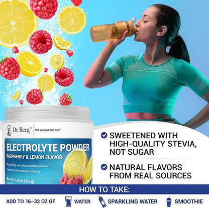 Dr. Berg Zero Sugar Hydration Keto Electrolyte Powder - Enhanced w/ 1000 mg of Potassium & Real Pink Himalayan Salt (NOT Table Salt) - Raspberry & Lemon Flavor Hydration Drink Supplement - 50 Servings