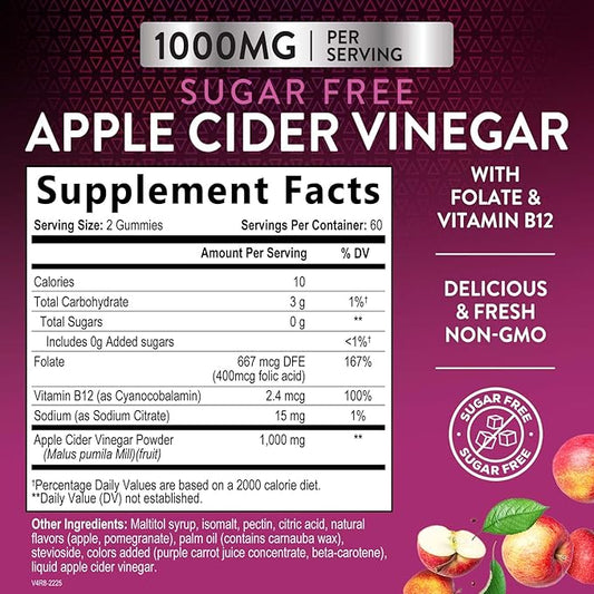 Apple Cider Vinegar Gummies for Weight Loss 1000mg - Vegan Apple Vinegar Gummy for Detox & Cleanse, ACV Supplement Pills, Vitamin B12, Sugar Free ACV Gummy, Non-GMO, Nature's Nutrition - 120 Gummies