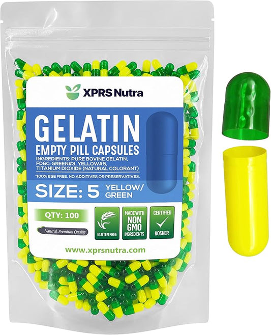 XPRS Nutra Size 5 Empty Capsules - 100 Count Very Small Empty Gelatin Capsules - Empty Pill Capsules for DIY Capsule Filling - Fillable Pill Capsules Empty Gel Caps (Green/Yellow)