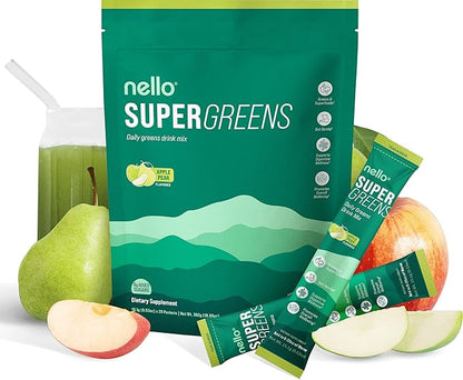 Nello Supergreens Premium Superfood Greens Drink Mix w/Chlorella, Moringa, Spinach & Broccoli + Digestive Enzymes & Probiotic Blend -Nutrient-Packed Powder Wellness (Apple Pear, 20 SRV, Travel Pack)