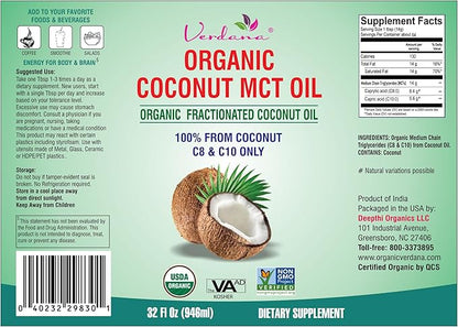 Verdana USDA Certified Organic Coconut MCT Oil –Fractionated Coconut Oil – No Palm Kernel Used – Kosher, Food Grade, Non-GMO – Great for Keto and Paleo Diets, Oil Pulling Rinse Mouthwash – 1Gallon