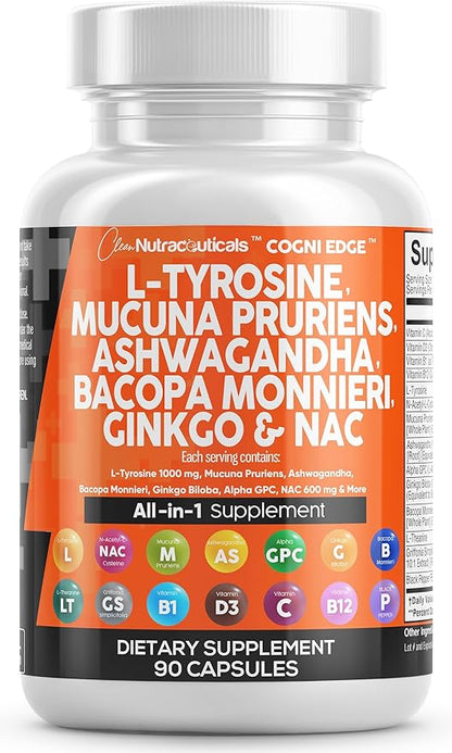 Clean Nutraceuticals L Tyrosine 1000mg Mucuna 6000mg Bacopa 500mg Ashwagandha 4000mg Focus 600mg NAC 5-HTP Ginkgo B1 B12 B12
