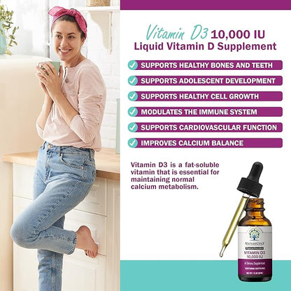Vitamin D Liquid Drops for Adults: Vegan D3 10000 IU for Immune Support & Bone Strength Supplements, Non-GMO & Gluten Free Liquid Vitamin D for Women & Men, 30ml, 30 Servings