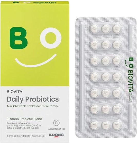 Family Probiotics Mini Tablets (84 Tablets, 28 Days) - Chewable Synbiotic Supplement for Smooth Bowel Movement. Improve Gut/Digestive Health. Organic Prebiotics.