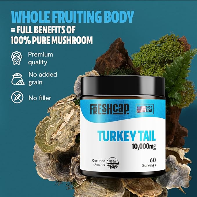 FreshCap Turkey Tail Mushroom Powder 10,000mg - Turkey Tail Mushroom Supplement Powder, Turkey Tail Extract Mushroom Blend Powder, Ayurveda Nootropic Mushrooms Herbal Supplements (60 Servings)