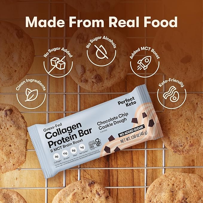 Perfect Keto Bars, Gluten Free Grass Fed Collagen + MCT Oil, Low Carb, No Sugar Added, High Protein Snacks, Keto Diet Foods, 11g Protein, 18g Fat, 3g Net Carbs, Chocolate Chip, 12 Bars
