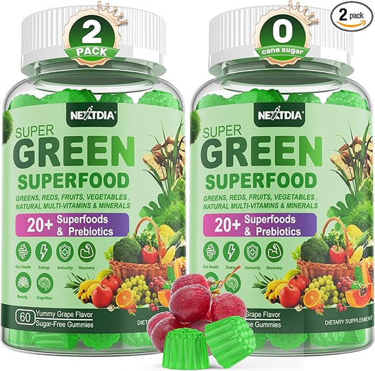 Super Greens Gummies, Greens Superfood Powder Alternative w/Spirulina, Chlorella, Prebiotic Fiber, Probiotic, Fruit Veggie, Daily Greens Vegetable for Digestive & Gut Health, Immunity, Focus, 120 Cts