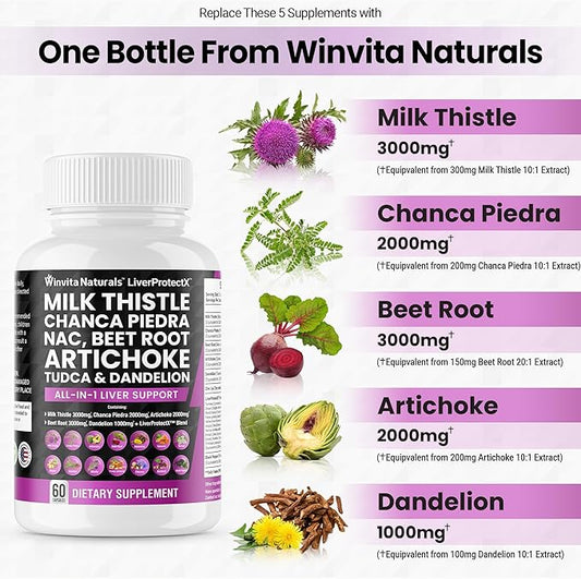 Milk Thistle 3000mg NAC Chanca Piedra 2000mg Beet 3000mg Artichoke 2000mg Dandelion 1000mg -
