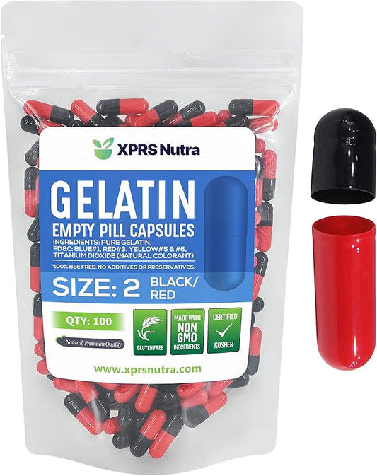 XPRS Nutra Size 2 Empty Capsules - 100 Count Empty Gelatin Capsules - Empty Pill Capsules - DIY Capsule Filling - Pure Bovine Pill Capsules Empty Gel Caps (Black/Red)