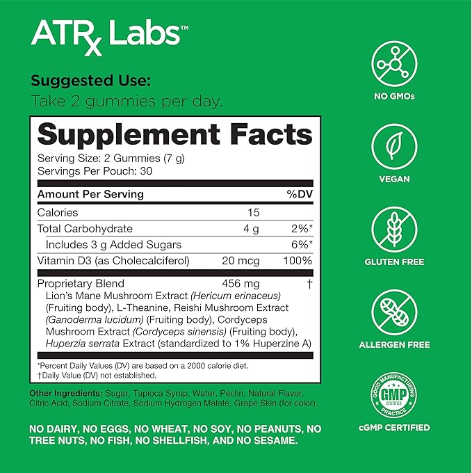 Ultimate Mushroom Daily Gummies - Mushroom Gummies with Cordyceps, Lion’s Mane, and Reishi, Plus Huperzine A & L-Theanine, May Improve Mood and Energy, Apple Berry Flavor, 60 Gummies