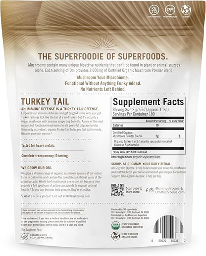OM MUSHROOM SUPERFOOD Turkey Tail Organic Mushroom Powder Pouch, 7.05 Ounce, 100 Servings, Immune Support, Polysacchrides, Beta-Glucans, Gut Health & Holistic Defense Mushroom Supplement