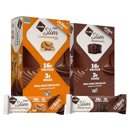 NuGo Slim 24ct Variety - Crunchy Peanut Butter 12 bars & Brownie Crunch 12 bars, 16g Protein, Keto Friendly, Gluten Free, 24 count