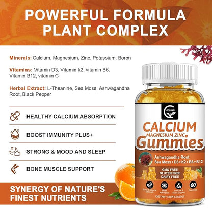 1200mg Calcium Gummies with Vitamin D3,K2,B12 & B6 - Plant Complex Calcium Magnesium Supplement with Glycinate,Potassium,Sea Moss,Ashwagandha Root for Bone & Teeth Strength, Muscle & Immune