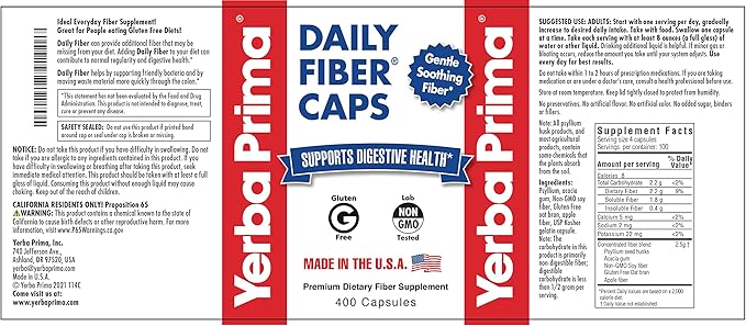 Yerba Prima Daily Fiber Caps Formula, 400 Capsules