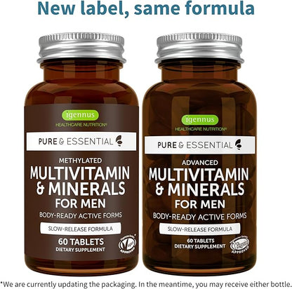 Igennus Methylated Men's Multivitamin, MTHFR Supplement with Active B-Vitamins, 21 Highly Bioavailable Nutrients, Multivitamin for Sustained Release, Clean Label, Non-GMO & Halal 60 Tablets