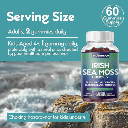 Irish Sea Moss Gummies 10000mg - with Black Seed Elderberry Bladderwrack Burdock Turmeric Omega-3 Vitamins C D3 Zinc - Seamoss Supplements for Adults Women Men - Sugar-Free Gluten Free Vegan