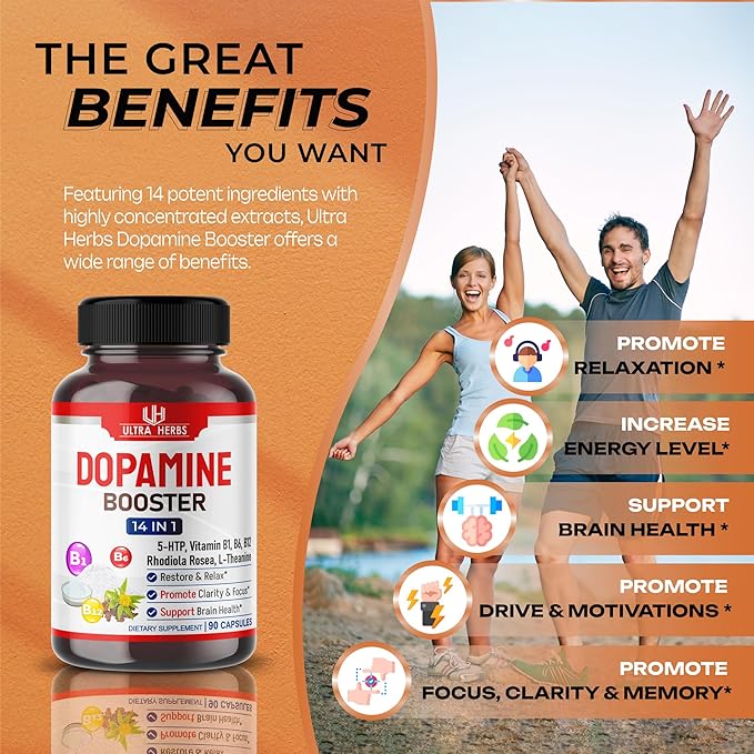 Dopamine Focus Supplement Ashwagandha 5000mg 5-HTP 50mg Rhodiola 2000mg St. 2000mg - B1, B6, B6, B12, B12, L-Theanine