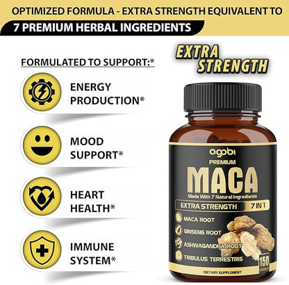 7in1 Premium Maca Root Capsules - with Ashwagandha, Ginseng, Tribulus, Shilajit, Shatavari & Black Pepper - Natural Energy, Performance & Mood Support - 150 Counts for 5 Months