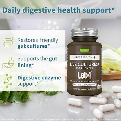 Igennus Probiotics & Prebiotic, Lactobacillus Acidophilus & Bifidobacterium, Live Cultures+ Lab4, Guaranteed 25 Billion CFU, for Women & Men, Non-Bloating Gut Health Support, Non-GMO, 6 x 30 Capsules