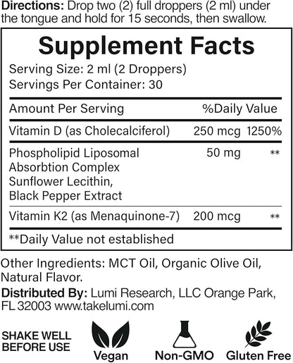 lumi Vitamin D3 K2 MK7 w Palm MCT Oil - 10000 IU D3, 200 mcg K2 MK7-60ml Liposomal Absorption Sublingual Liquid Drops - Non-GMO, Vegan, Unflavored Liquid - Monthly Supply - 2 Fl Oz