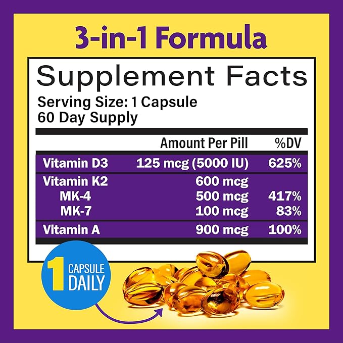 InnovixLabs Vitamin D3 K2-5000 IU Vitamin D3 plus 600 mcg K2 MK4 MK4 and MK7 for 3rd Party 60 Softgels