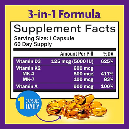 InnovixLabs Vitamin D3 K2-5000 IU Vitamin D3 plus 600 mcg K2 MK4 MK4 and MK7 for 3rd Party 60 Softgels