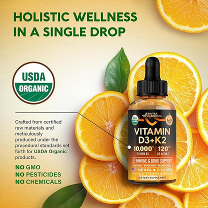 Vitamin D3 K2 USDA Organic Drops - Vitamin D3 10000 IU & K2 as MK-7 120mcg - Immune & Mood Support, Bone & Teeth Health - Sugar-Free Orange Flavor - Liquid Supplement - Made in USA - 2 FL OZ, 60 Days
