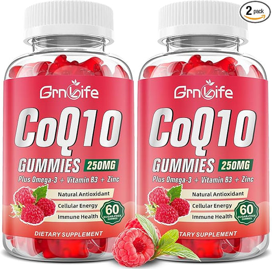 Sugar Free CoQ10 Gummies, CoQ10 250mg, Plus Omega-3, Vitamin B3 & Zinc, High Absorption Coenzyme Q10 Supplements for Cellular Energy, Antioxidant, Raspberry Flavor, 120 Count