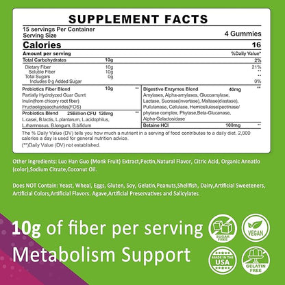 Fiber Gummies for Adults, Sugar Free 10g Prebiotic Fiber Supplement with Digestive Enzymes, Probiotics & 100mg Betaine for Digestive & Gut Health and Regulate Bowel Movement, Vegan, Gelatin Free, 60ct