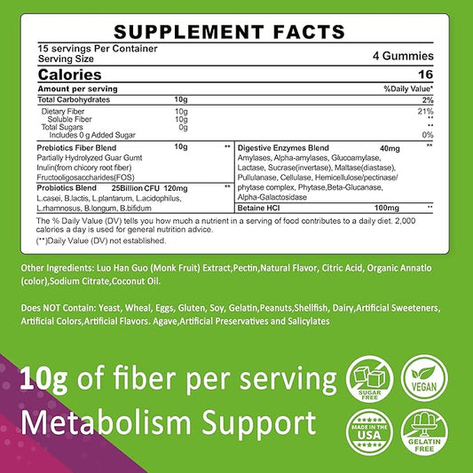 Fiber Gummies for Adults, Sugar Free 10g Prebiotic Fiber Supplement with Digestive Enzymes, Probiotics & 100mg Betaine for Digestive & Gut Health and Regulate Bowel Movement, Vegan, Gelatin Free, 60ct