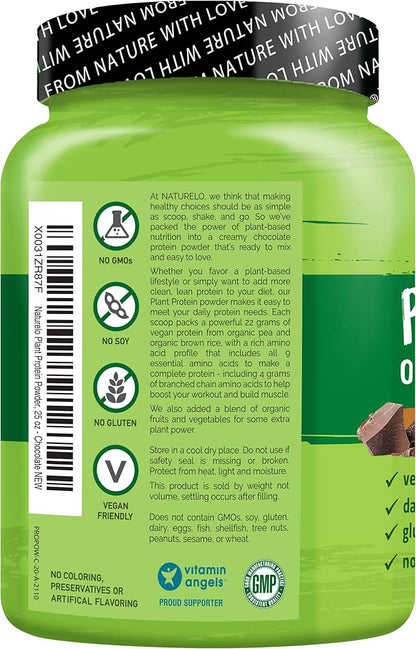 NATURELO Plant Protein Powder, Chocolate, 22g Protein 20 Servings