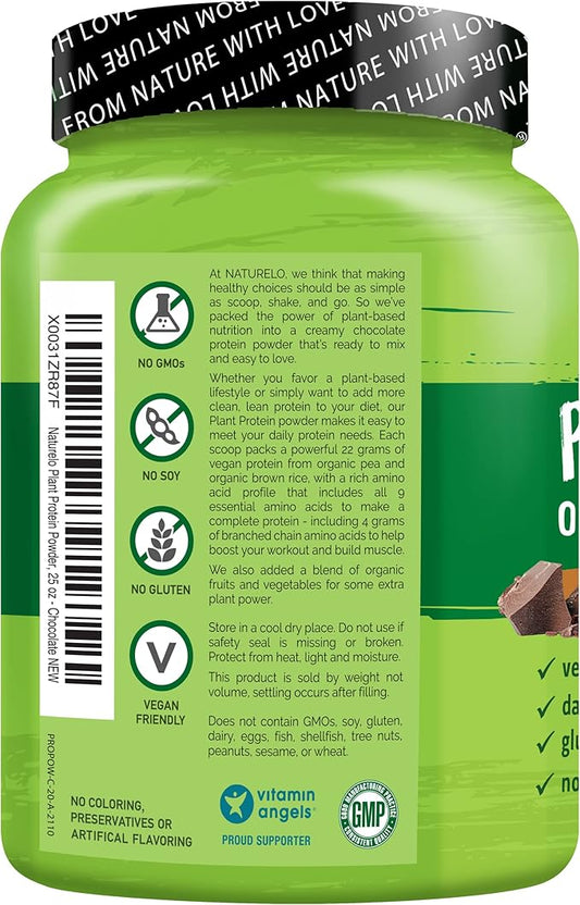 NATURELO Plant Protein Powder, Chocolate, 22g Protein 20 Servings