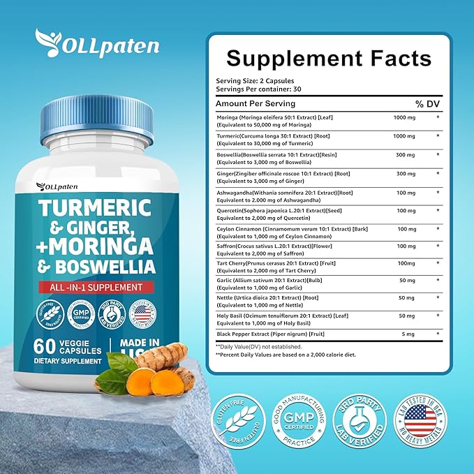 Turmeric Curcumin 30000mg Moringa 50000mg Ginger 3000mg Boswellia 3000mg Saffron 2000mg All-in-One 60 Capsules