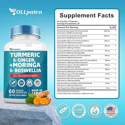 Turmeric Curcumin 30000mg Moringa 50000mg Ginger 3000mg Boswellia 3000mg Saffron 2000mg All-in-One 60 Capsules