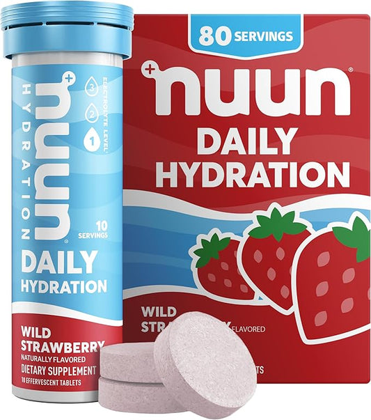 Nuun Hydration Daily, Wellness Electrolyte Tablets, Wild Strawberry, No Sugar, 5 Essential Electrolytes for Hydration, Vegan, Gluten Free, 8 Pack (80 Servings)