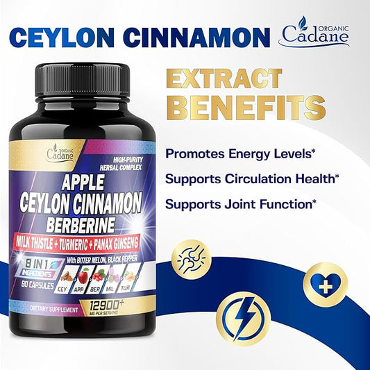 Organic Cadane Ceylon Cinnamon 7500mg Berberine 1500mg Apple 2000mg - 90 Vegan 8 Herbs 3 Month