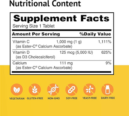 American Health EsterC with D3 Bone 24Hour Immune 1000 mg 5000 IU D3 NonAcidic 60 Count