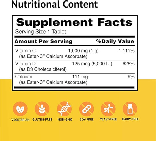 American Health EsterC with D3 Bone 24Hour Immune 1000 mg 5000 IU D3 NonAcidic 60 Count