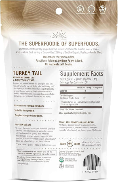 OM MUSHROOM SUPERFOOD Turkey Tail Organic Mushroom Powder, 3.5 Ounce, 50 Servings, Immune Support, Polysacchrides, Beta-Glucans, Gut Health & Holistic Defense Mushroom Supplement
