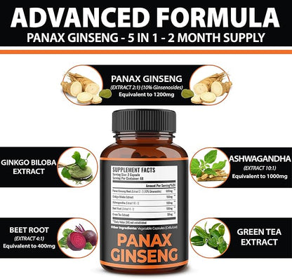 Zolotus Korean Red Panax Ginseng + Ginkgo Biloba, Ashwagandha, Beetroot, Green Tea - Support Strength, Stamina, Energy Production & Mood Balance - 120 Capsules