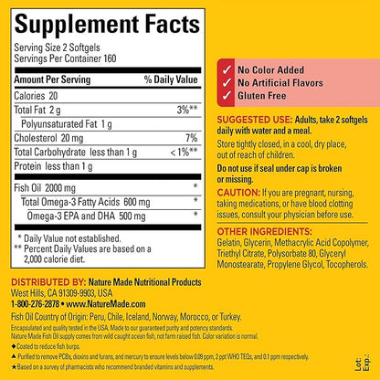 Nature Made Burp Less Fish Oil 1000 mg 3 Fish 3 Supplement 320 Softgels, 160 Day