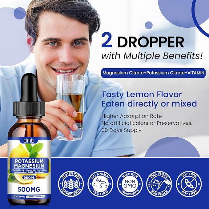 Potassium Magnesium Citrate Supplement, Liquid Magnesium 500mg with D3, B6, B6, B12, B12, CoQ10 CoQ10 - 2 fl