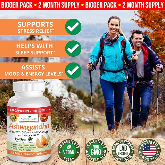 UDAF Certified Organic Ashwagandha with Black Pepper 180 Capsules 1965mg Extra