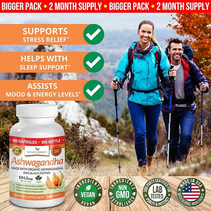 UDAF Certified Organic Ashwagandha with Black Pepper 180 Capsules 1965mg Extra