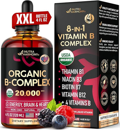 USDA Organic Vitamin B-Complex B5 Pantothenic Acid B12 Methylcobalamin B1 Thiamine B6 Pyridoxine B7 Biotin B9 Folic B3 Niacinamide 4fl oz