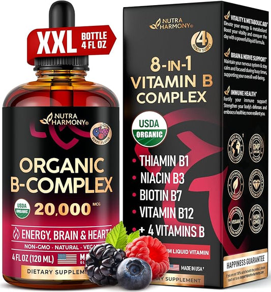USDA Organic Vitamin B-Complex B5 Pantothenic Acid B12 Methylcobalamin B1 Thiamine B6 Pyridoxine B7 Biotin B9 Folic B3 Niacinamide 4fl oz