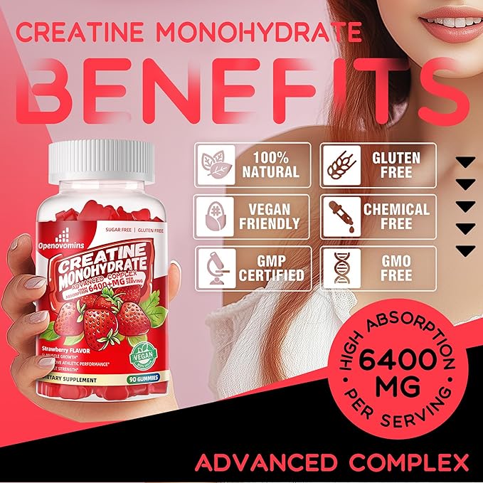 Creatine Monohydrate Gummies Complex 6400mg for Men & Women -Advanced Formula W/L-Taurine + Vitamin B12, Sugar Free Chewable Supplement,180 Strawberry Gummies 2pack