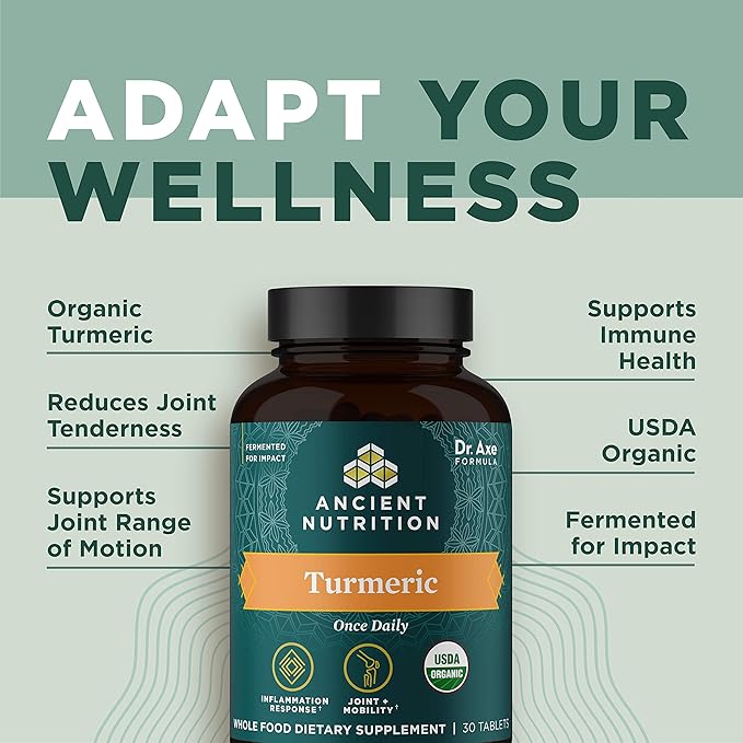 Turmeric Capsules by Ancient Nutrition, Once Daily, Use as a Joint Supplement and Supports Inflammation, Gluten Free, Paleo and Keto Friendly, 30 Tablets